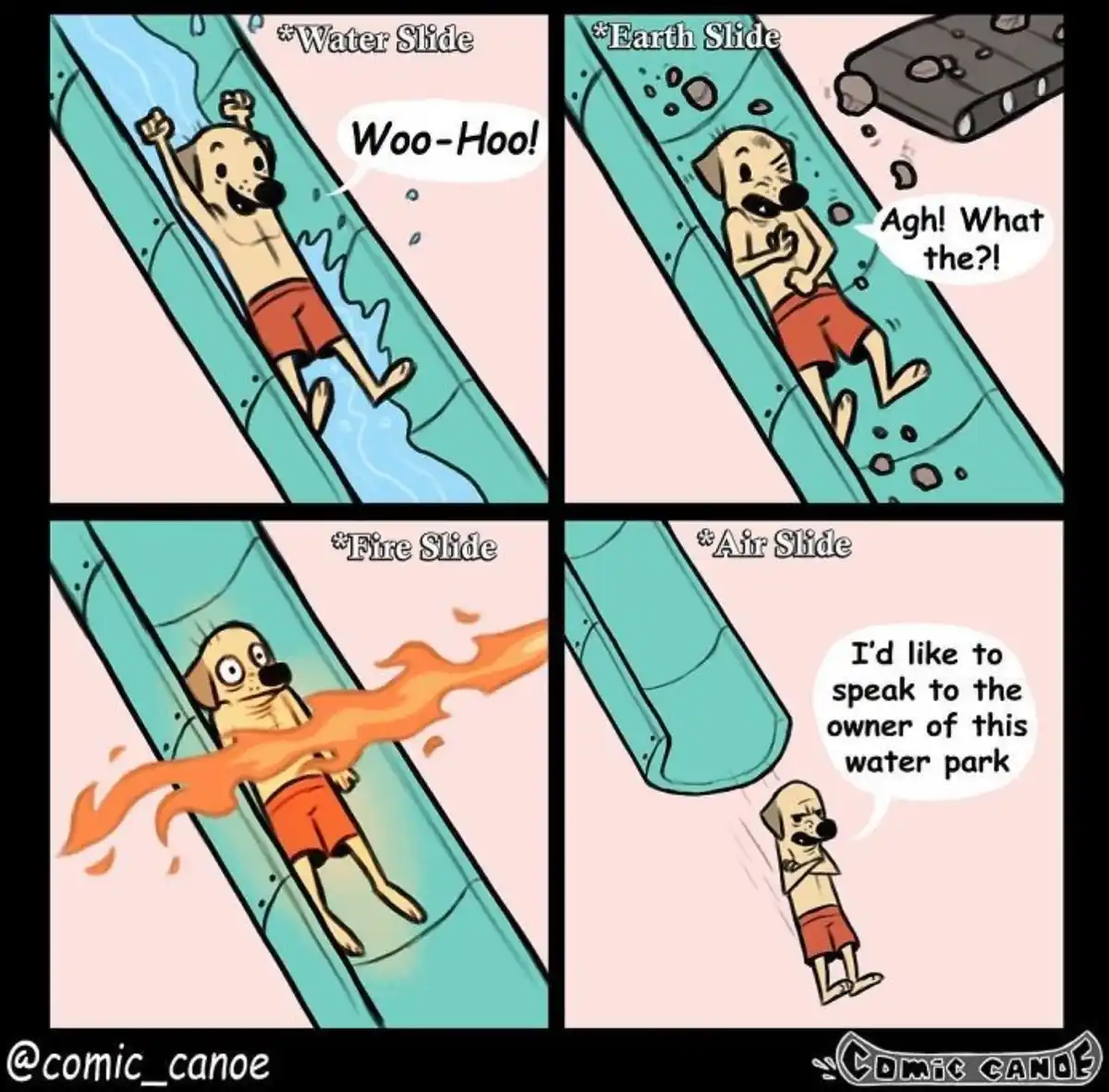 A four-panel comic shows a cartoon dog enjoying a water slide, then encountering increasingly absurd slides labeled 'Earth…