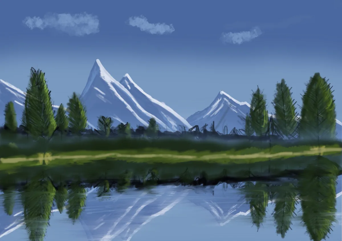 A digital painting of a serene mountain landscape with snow-capped peaks, green pine trees, and a calm lake reflecting the…