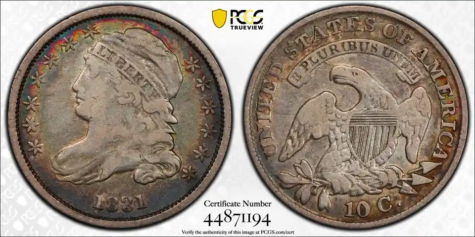The image displays two sides of an 1831 United States 10-cent coin, showing Liberty's head on the obverse and an eagle on…