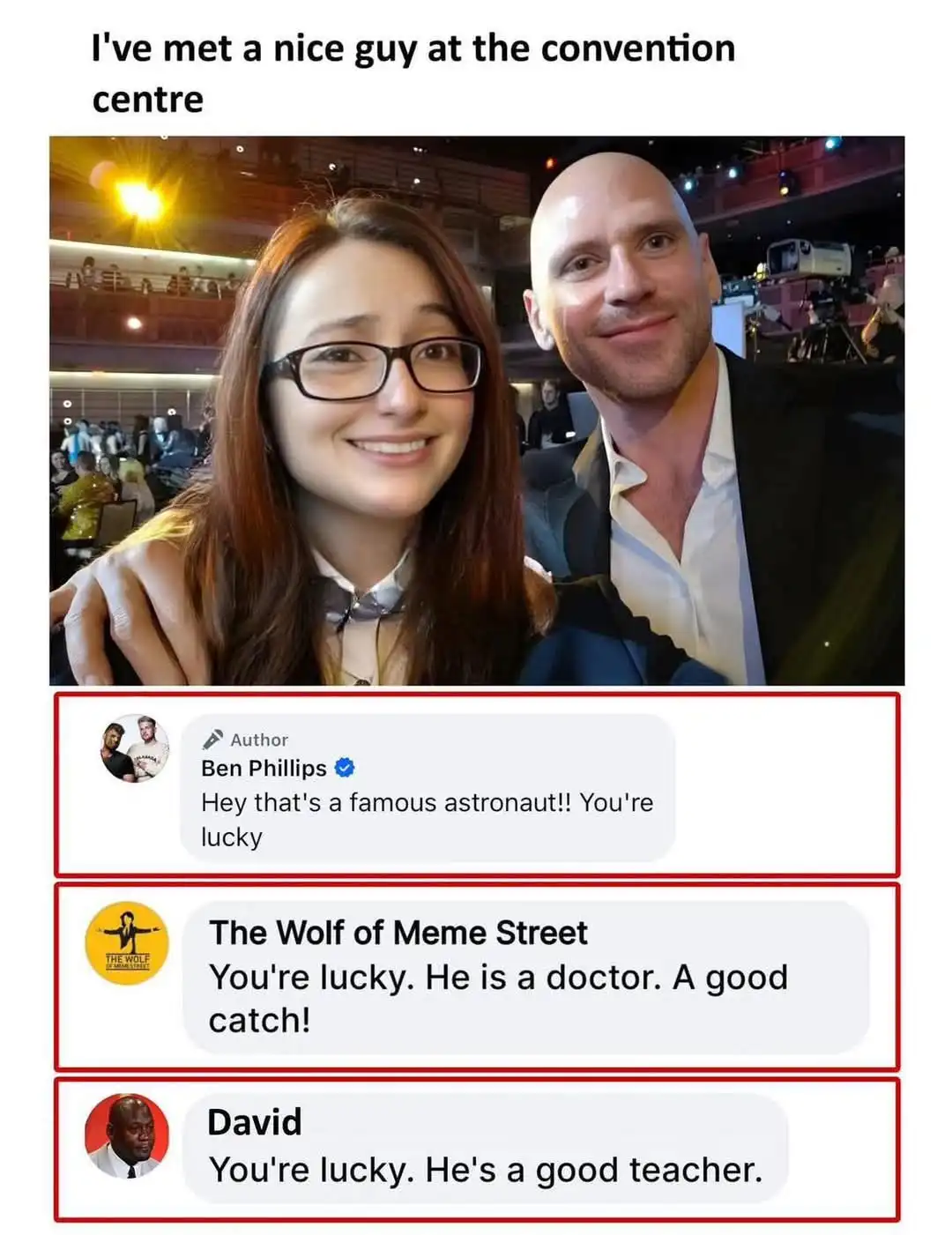A selfie of a smiling woman with glasses and a bald man in a suit at a convention center, overlaid with a mock chat…