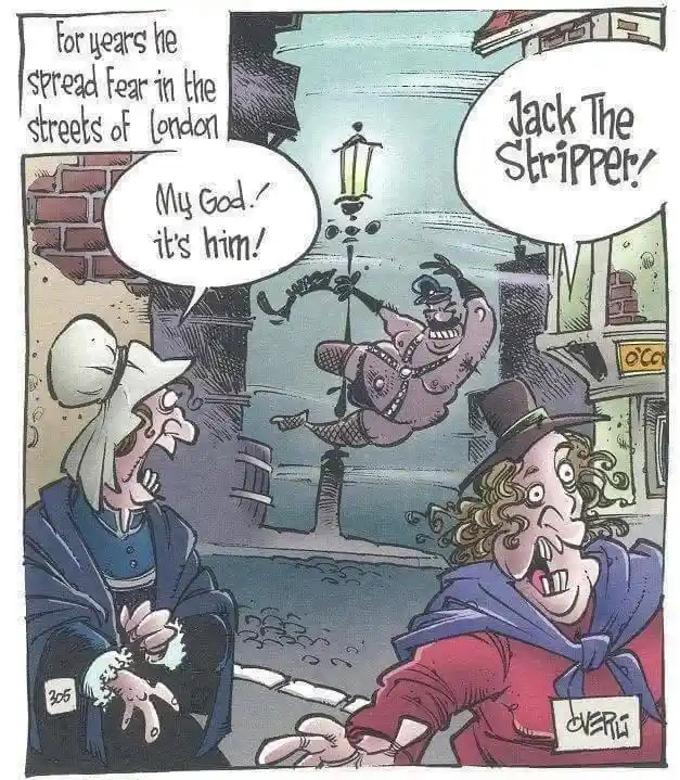 A comic panel shows two terrified people reacting to a grotesque, muscular man in a revealing outfit swinging from a…