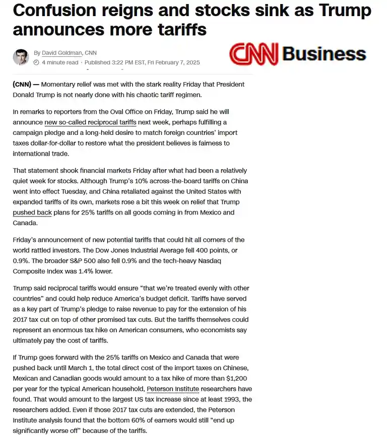 A screenshot of a CNN Business article dated February 7, 2025, with the headline 'Confusion reigns and stocks sink as Trump…