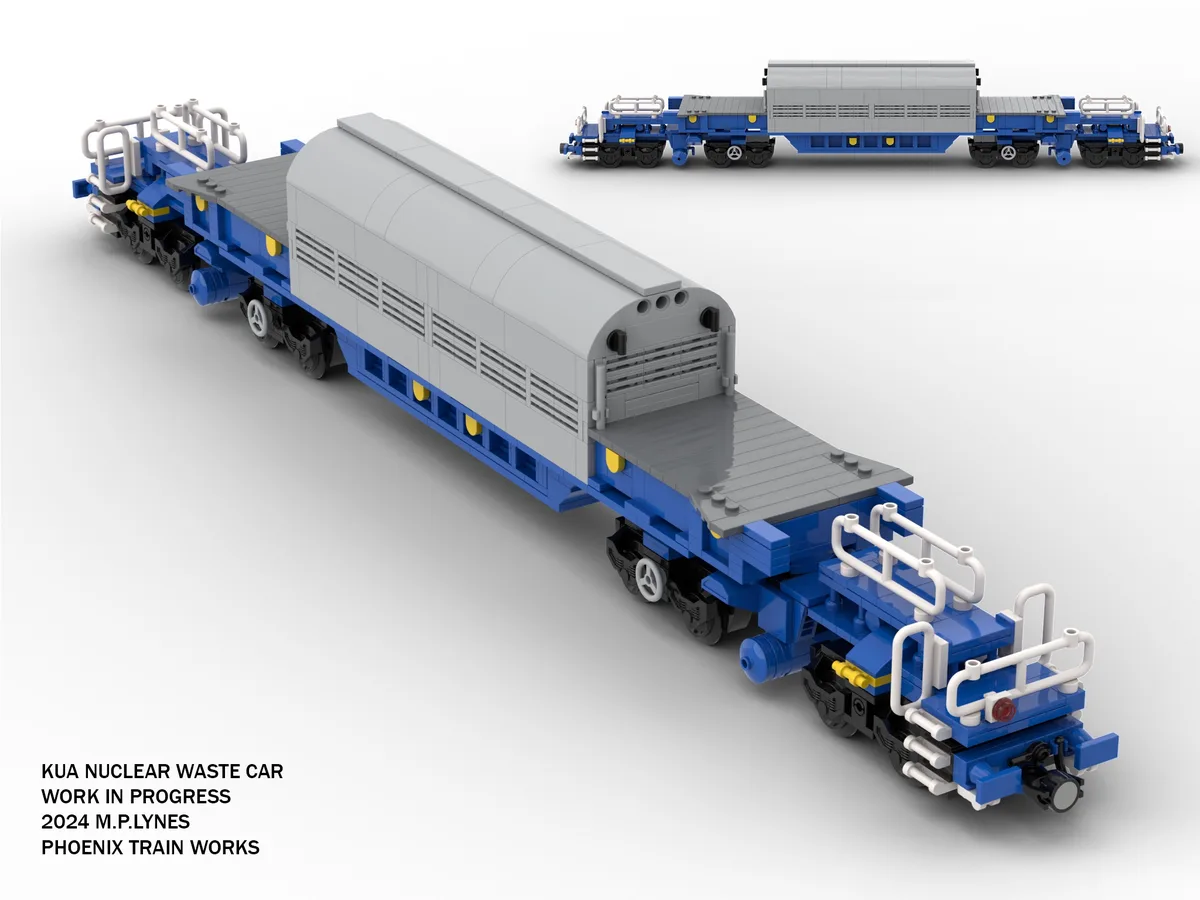 A detailed Lego model of a blue and grey nuclear waste train car, shown in two views against a white background. The text…