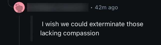 A dark-themed social media comment screenshot showing a user's profile icon and timestamp, with overlaid white text reading…