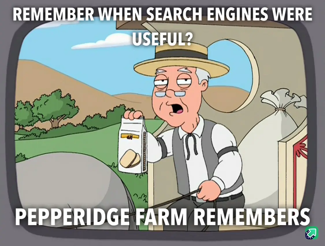 A cartoon image of an elderly man in a straw hat and vest holding a Pepperidge Farm bread product, framed as if on an old…