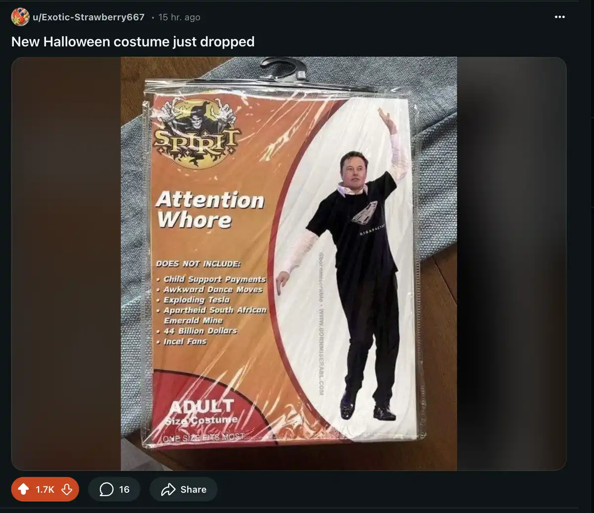 A Halloween costume package from 'Spirit' brand features a photo of Elon Musk in a black outfit with 'GIGAFACIL' written on…