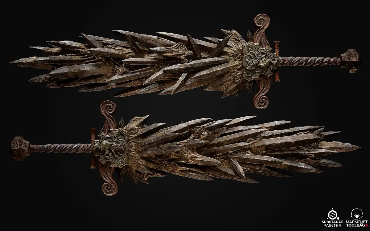 The image displays a highly detailed, ornate fantasy sword with a twisted grip and an elaborate hilt featuring a lion-like…