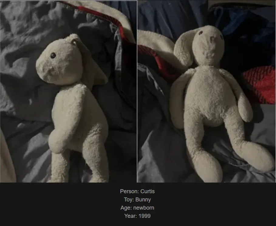The image displays a split-screen of a worn, off-white stuffed bunny toy lying on a rumpled gray blanket with red trim. The…