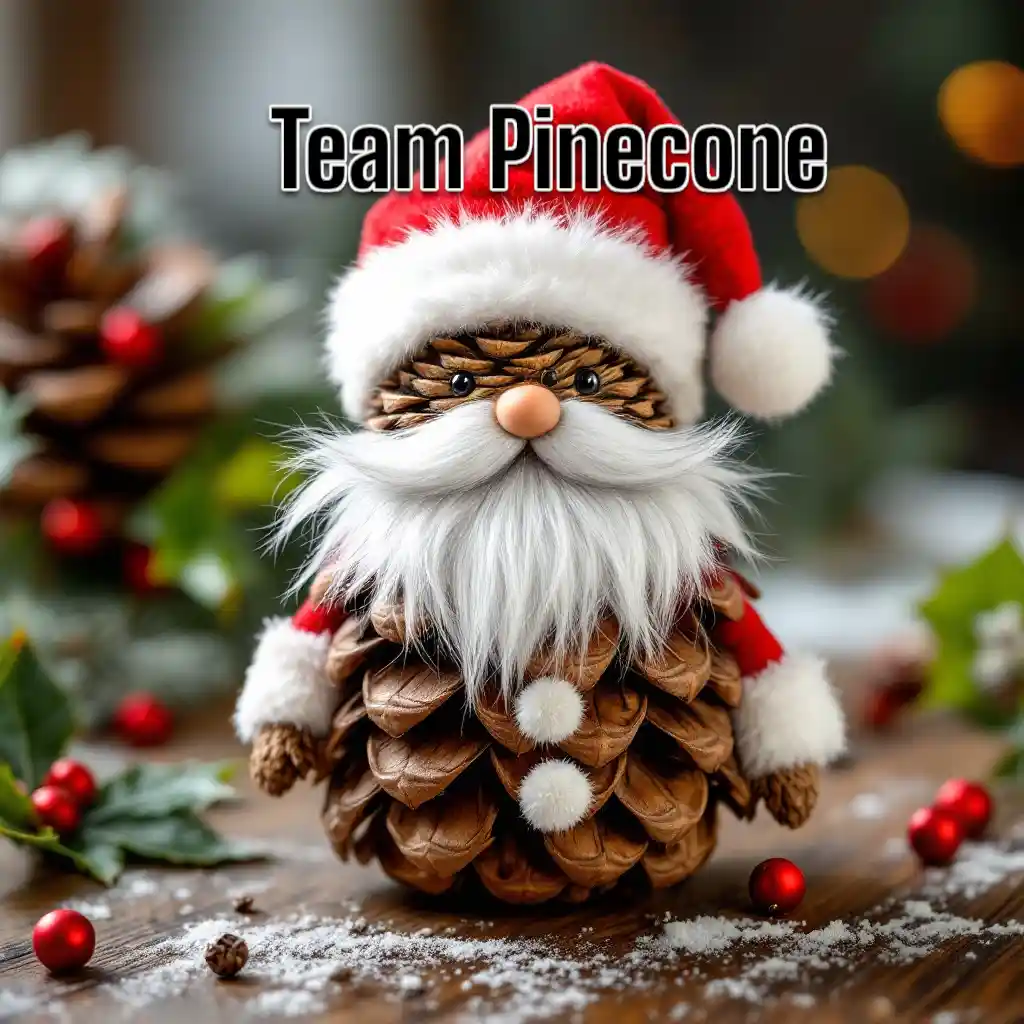 A festive pinecone is dressed as santa claus, complete with a red hat, white beard, and red gloves, sitting on a wooden…