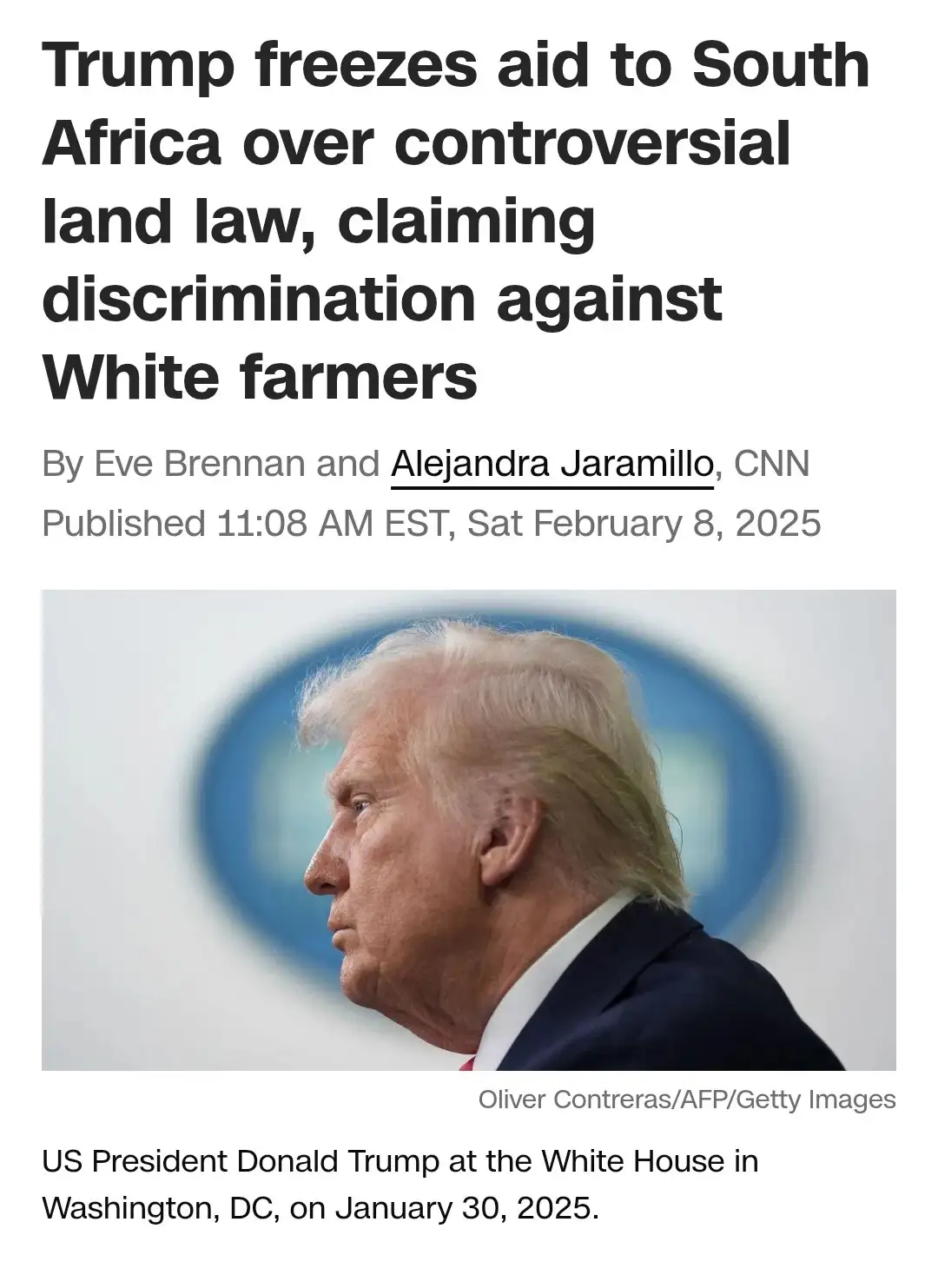 A screenshot of a CNN news article from February 8, 2025, featuring a profile photo of Donald Trump looking sideways. The…