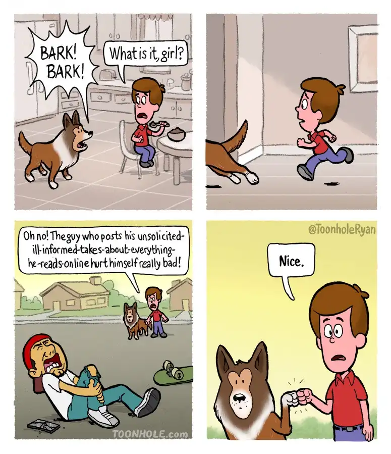A four-panel comic strip shows a boy reacting to his dog's barking by running away, then witnessing a man injured after…