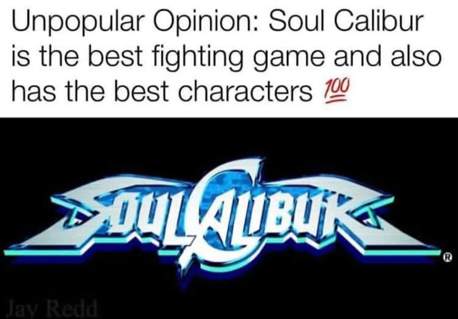 The image displays the iconic blue and silver 'Soul Calibur' logo against a black background. Overlaid at the top is white…