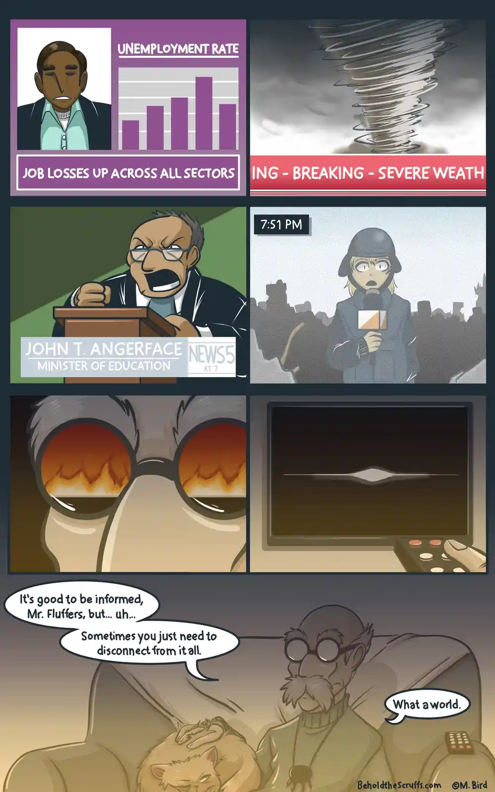 A comic strip shows a news broadcast with a rising unemployment graph, a tornado, an angry minister, and a terrified…