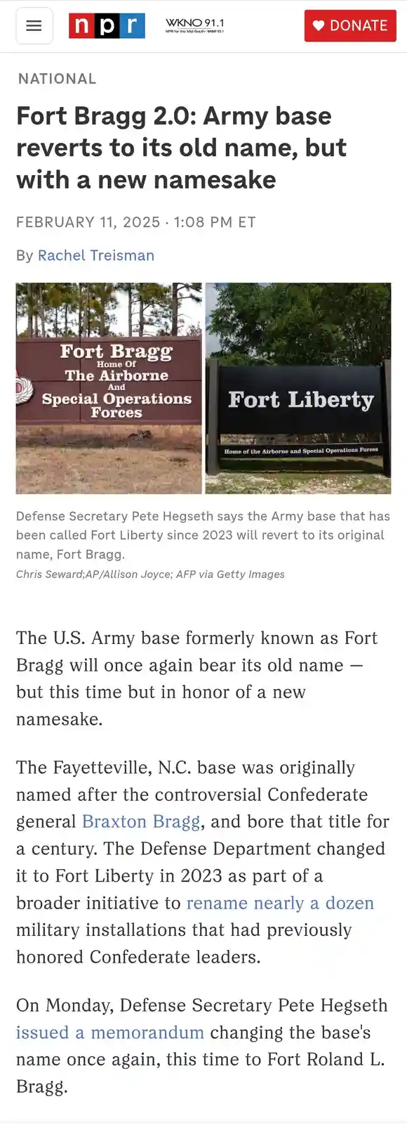 The image displays a news article from NPR about Fort Bragg reverting to its original name, but with a new namesake. It…