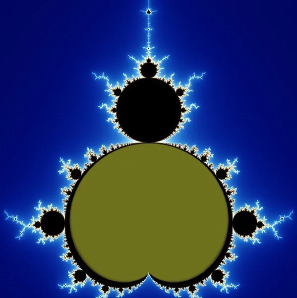 A fractal image resembling a Christmas tree with a large olive-green circle at the bottom and a smaller black circle above…