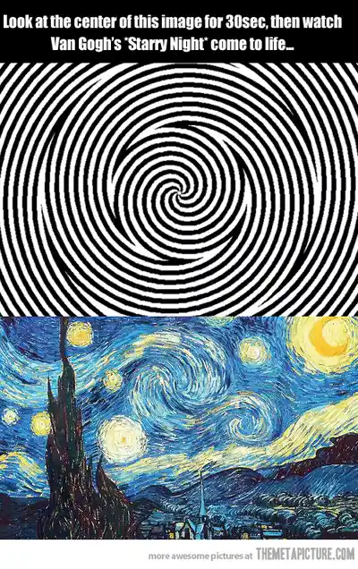The image displays six panels arranged in two rows of three. Each panel shows a black-and-white spiral pattern at the top…