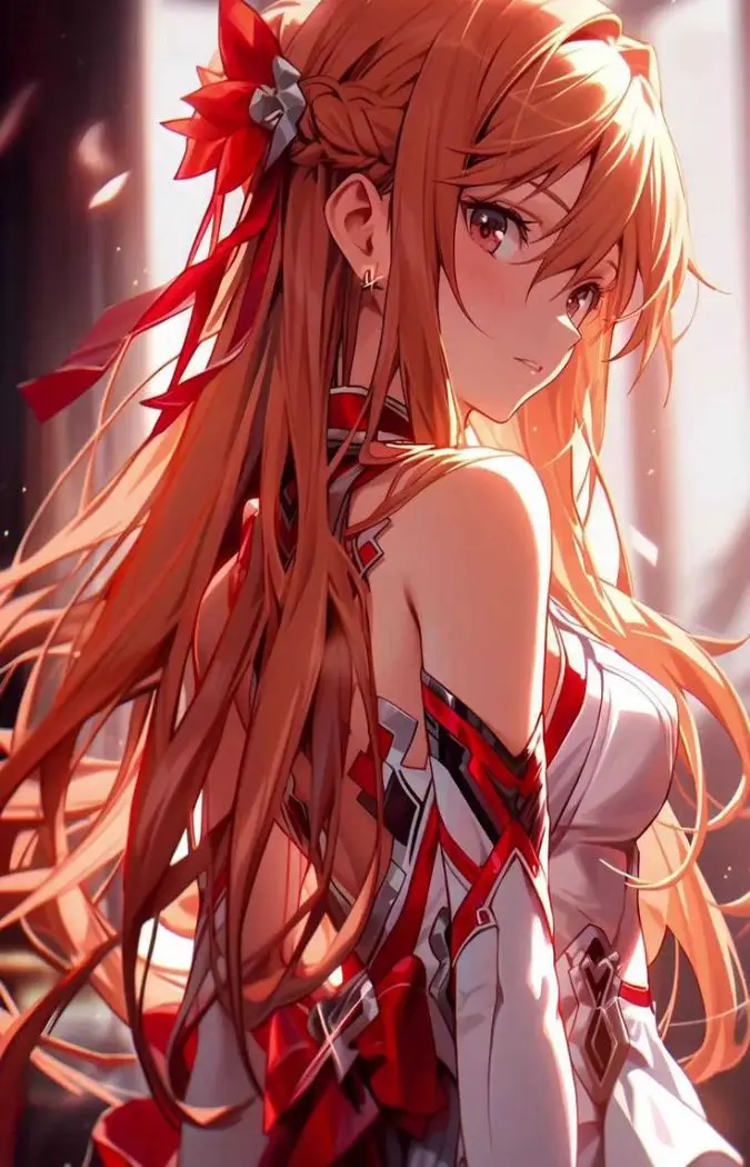 An anime-style illustration of a young woman with long orange hair tied with a large red bow, wearing a white and red outfit…