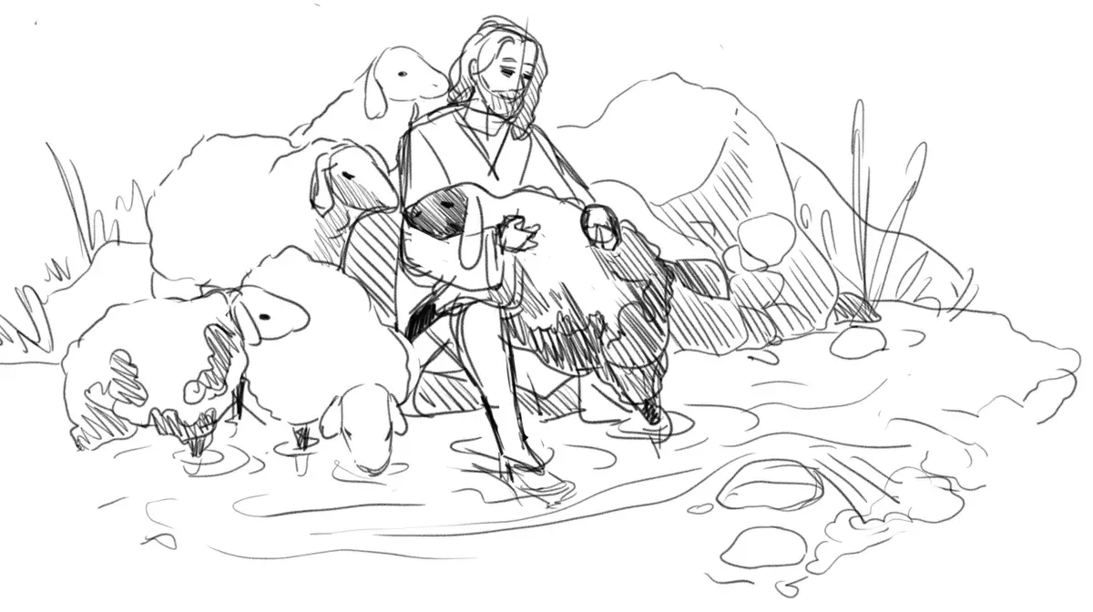 A black-and-white sketch depicts a man with long hair and a beard, sitting in shallow water among several sheep. He is…