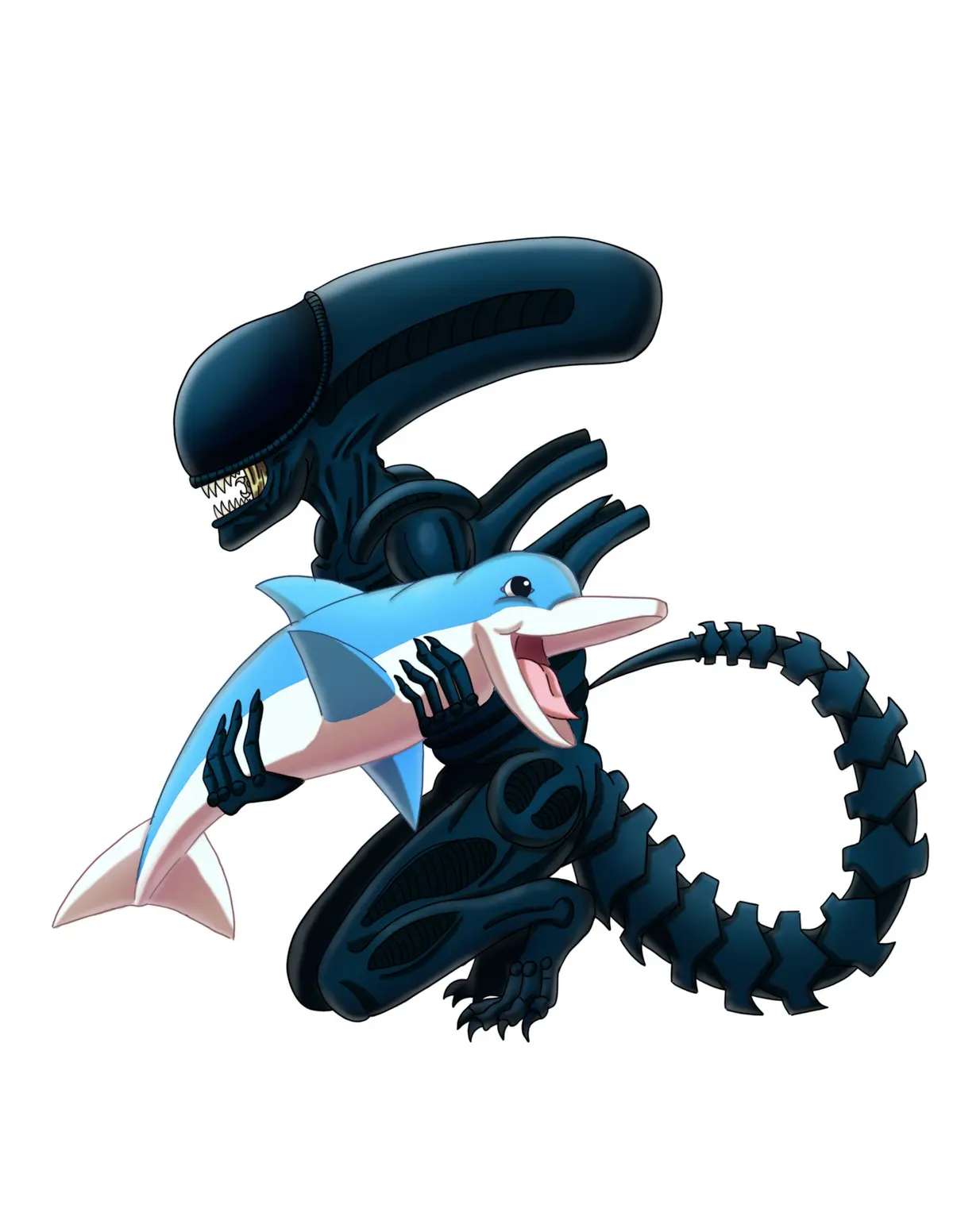 A dark blue, cartoon-style alien with a long tail and sharp teeth is holding a smiling, blue-and-white cartoon dolphin. The…