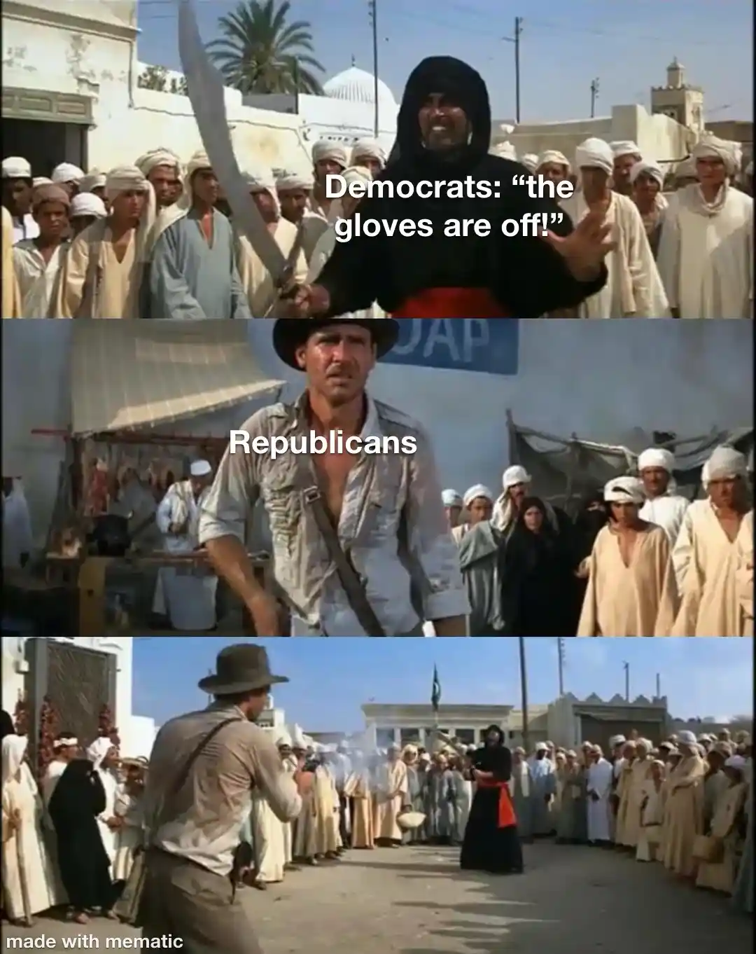 The meme is a three-panel image from the movie 'The Jewel of the Nile'. The top panel shows a man in a black hooded robe…