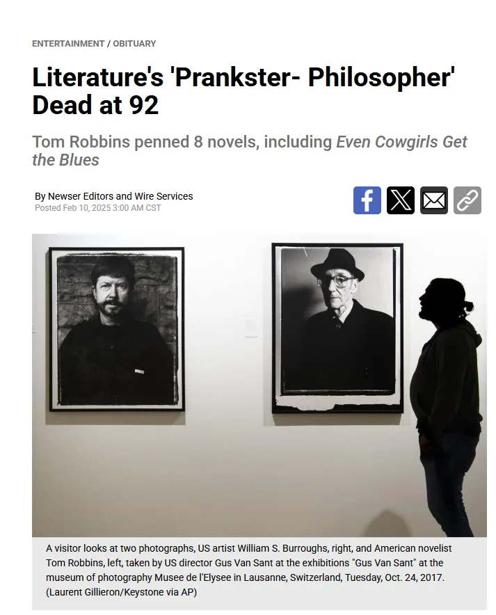 A newspaper obituary headline reads 'Literature's 'Prankster- Philosopher' Dead at 92' above a photo of a person viewing two…
