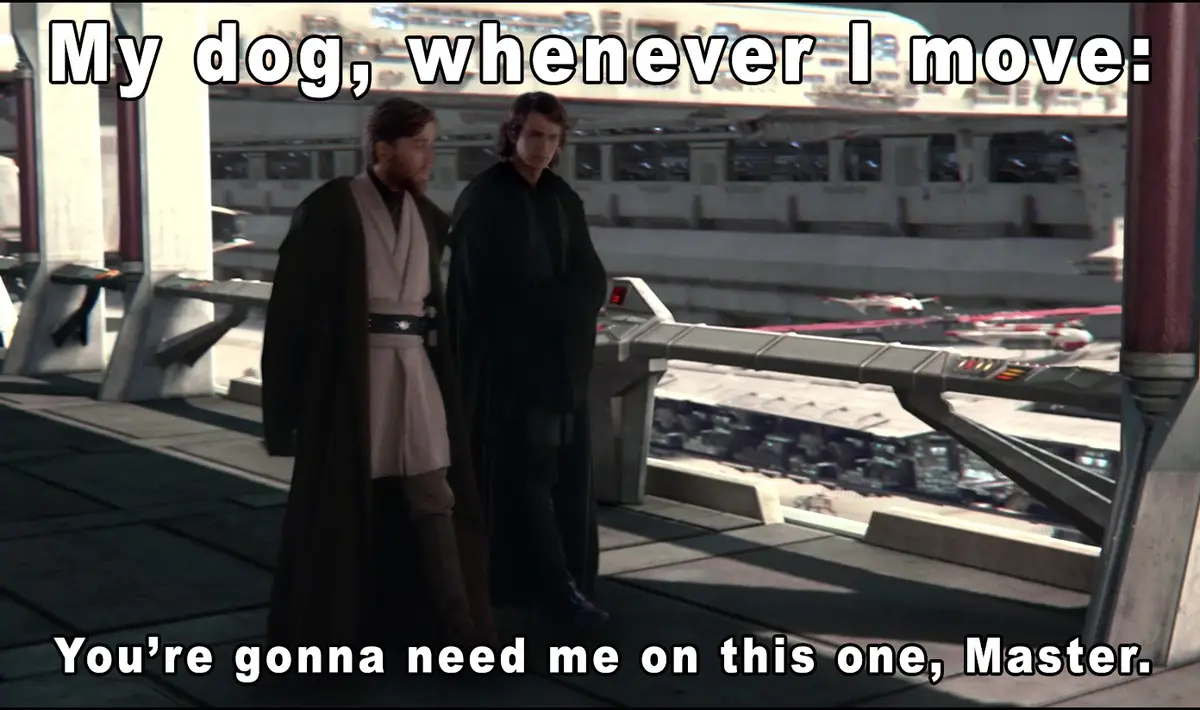 Two men in Jedi robes stand side by side on a futuristic balcony overlooking a spaceport. The man on the right, with dark…