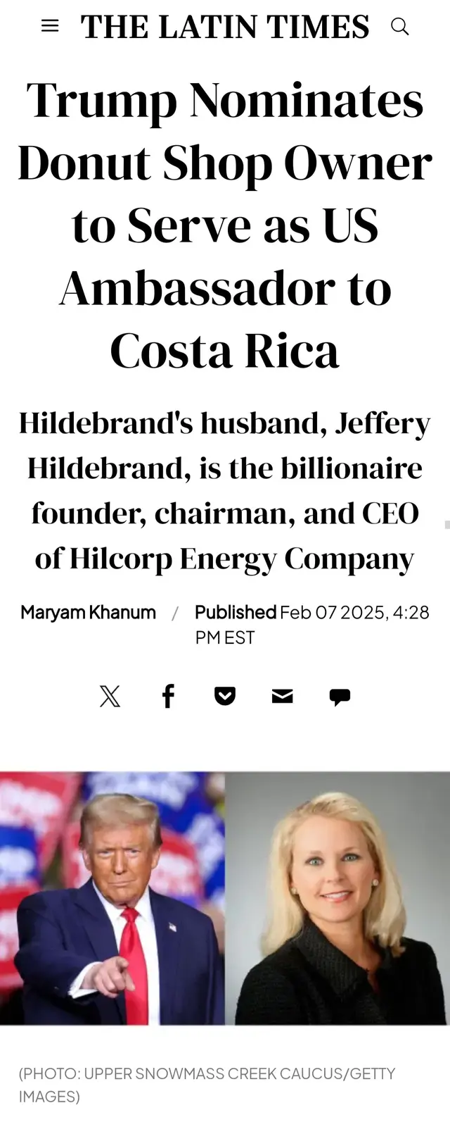 The image displays a fake news article from 'The Latin Times' with the headline 'Trump Nominates Donut Shop Owner to Serve…