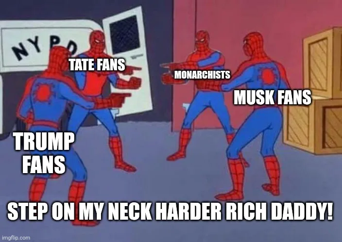 Four cartoon Spider-Man characters are shown in a confrontation scene. One Spider-Man is labeled 'TRUMP FANS' and is being…