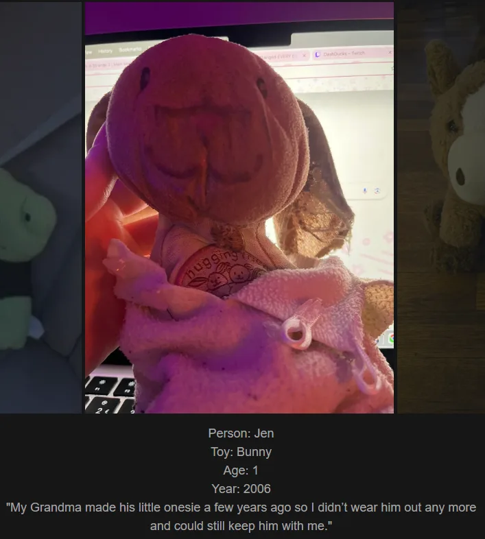 A close-up photo shows a worn, pink plush bunny toy being held by a person, with a laptop screen visible in the background…