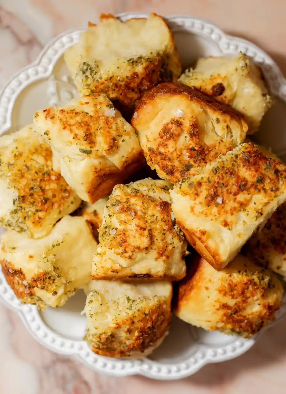 A close-up photo shows a white decorative bowl filled with golden-brown, herb-seasoned garlic bread rolls. The bread pieces…