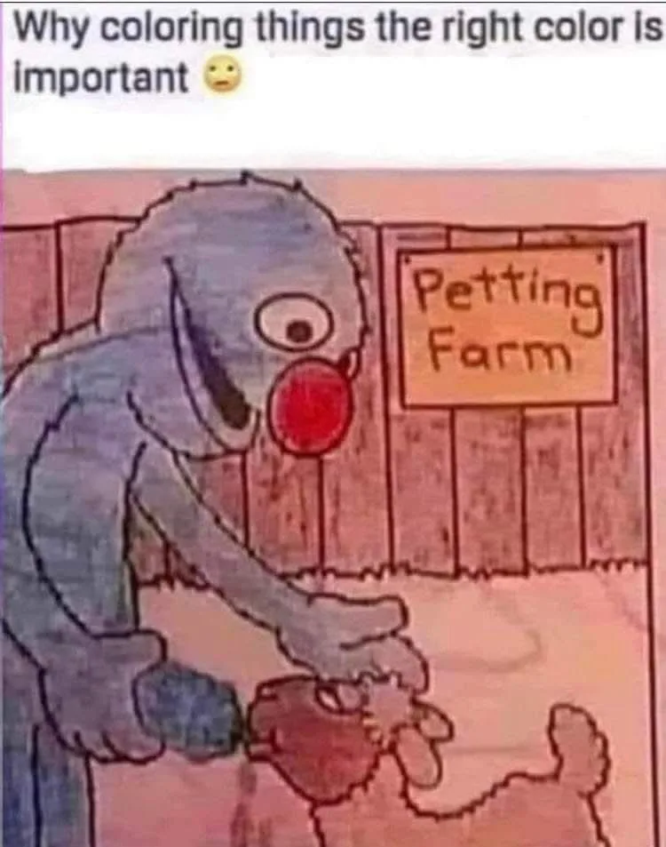 A crudely drawn, childlike cartoon depicts a blue, one-eyed monster with a red nose petting a small, red animal at a…