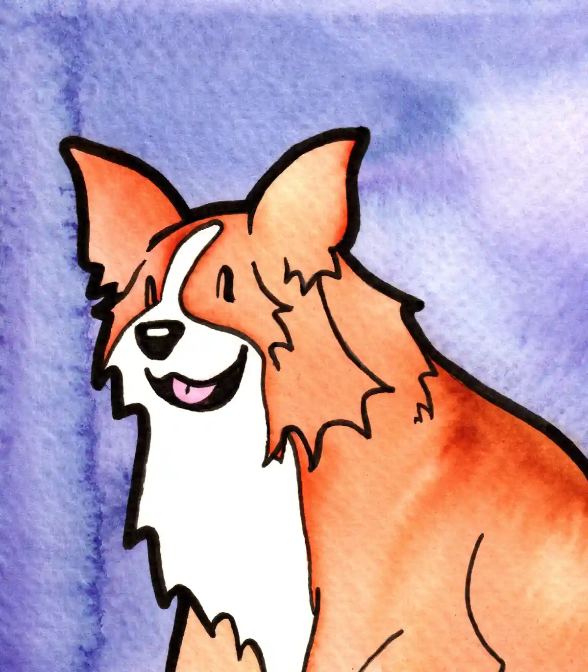 A watercolor-style drawing of a cartoon dog with orange and white fur, big upright ears, and a wide, happy smile showing its…