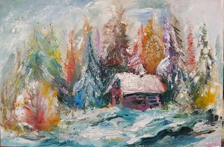 A textured, impressionistic painting depicts a small purple cabin nestled among snow-covered trees with vibrant…