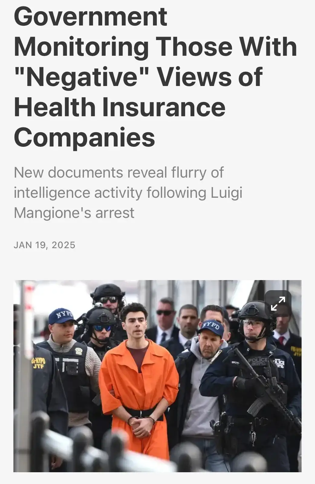 An image of Luigi Mangione in an orange jumpsuit, flanked by heavily armed NYPD officers, is overlaid with a fake news…