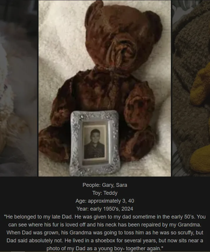 A worn, brown teddy bear with a silver-framed photo of a young boy placed on its lap. The text overlay narrates the bear's…