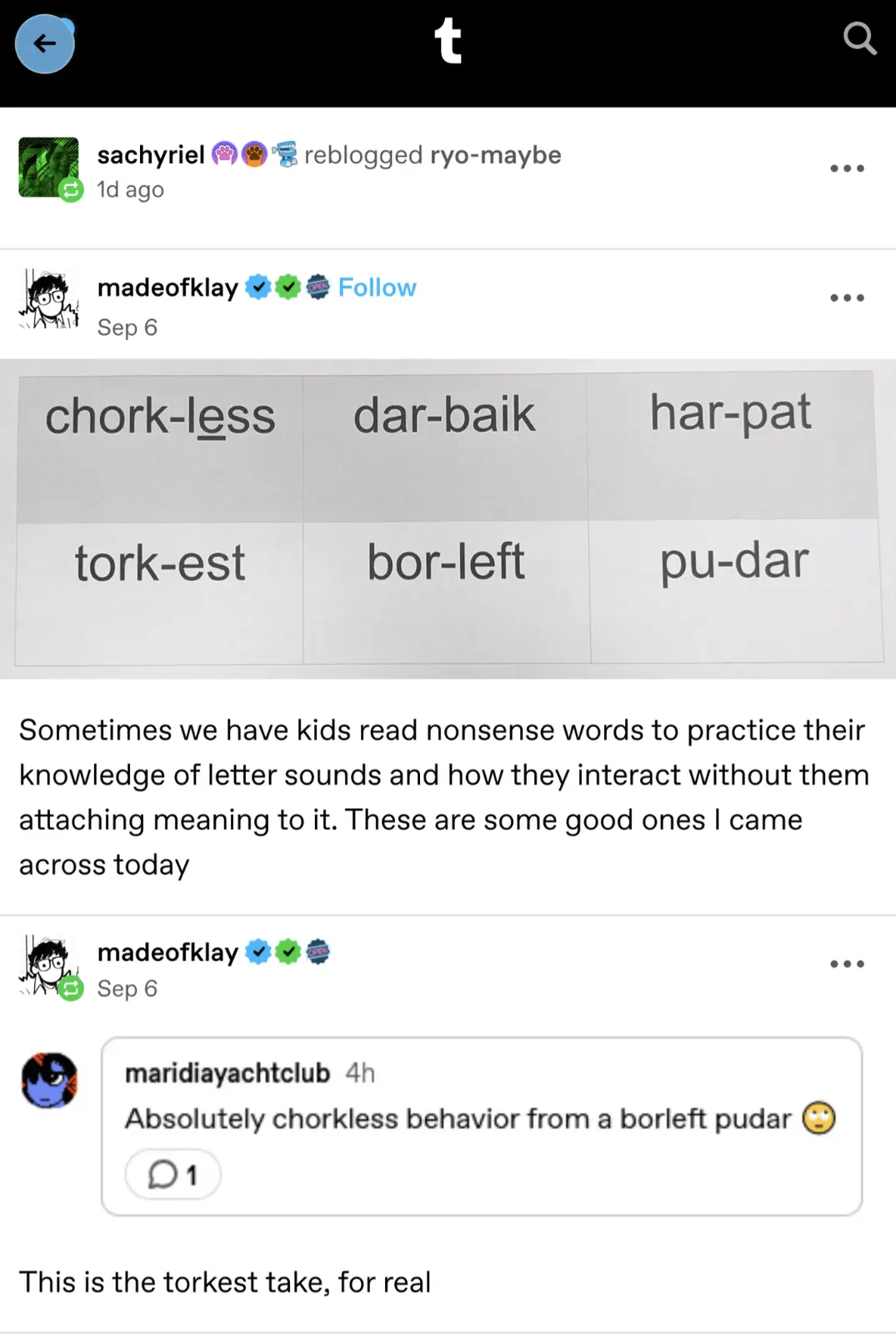A screenshot of a Tumblr post showing a grid of six nonsense words: 'chork-less', 'dar-baik', 'har-pat', 'tork-est'…