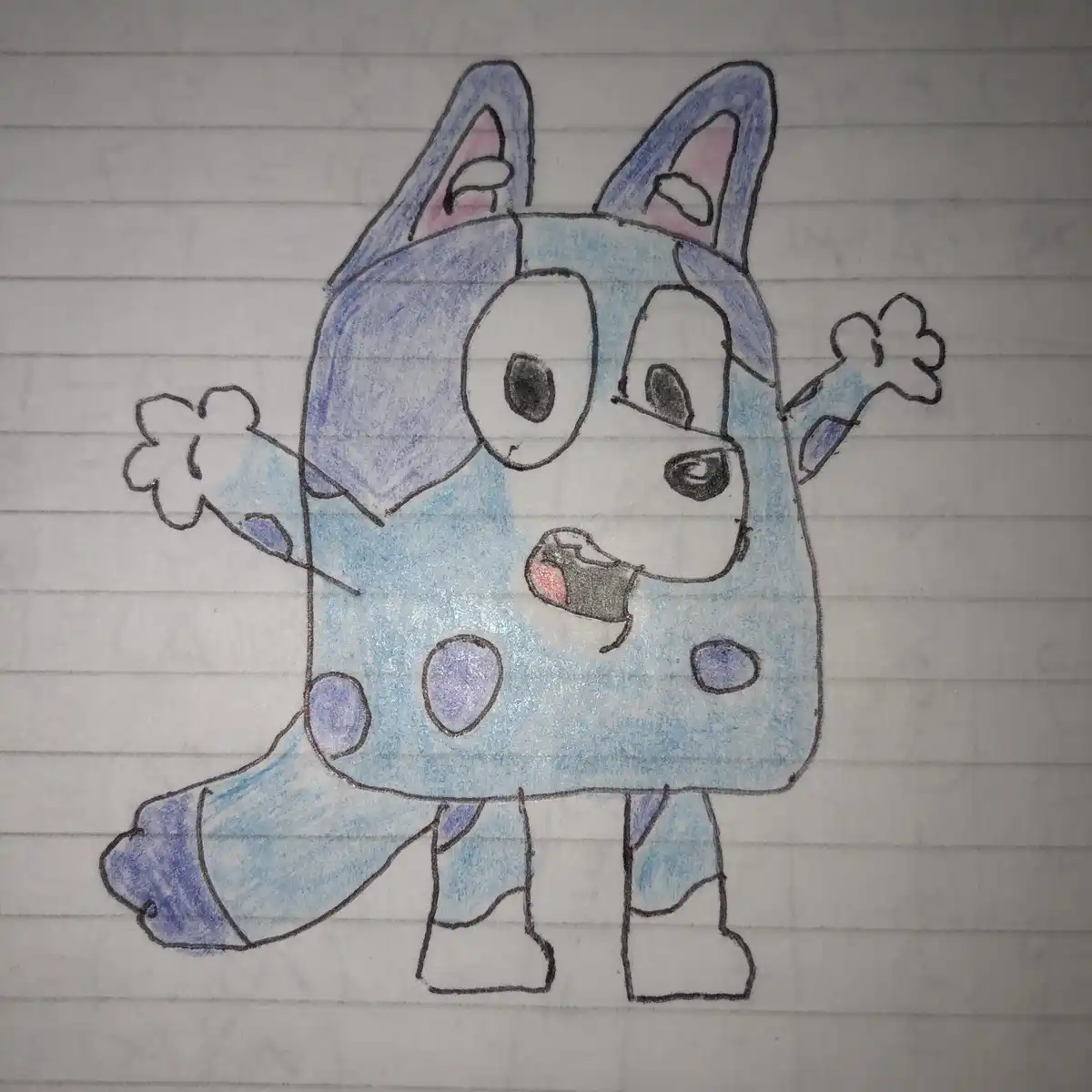 A hand-drawn, colored pencil illustration of the cartoon character Bluey on lined notebook paper, depicted with large eyes…