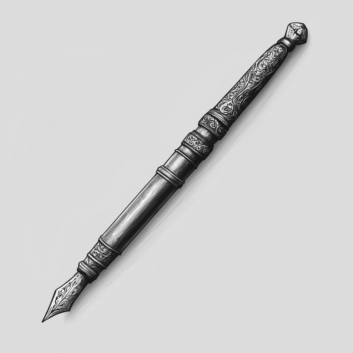 A highly detailed, ornate fountain pen with intricate scrollwork on its nib and barrel, rendered in monochrome, is shown…