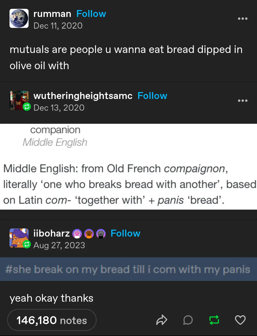 A screenshot of a Tumblr thread where a user defines 'mutuals' as people you'd eat bread dipped in olive oil with, another…
