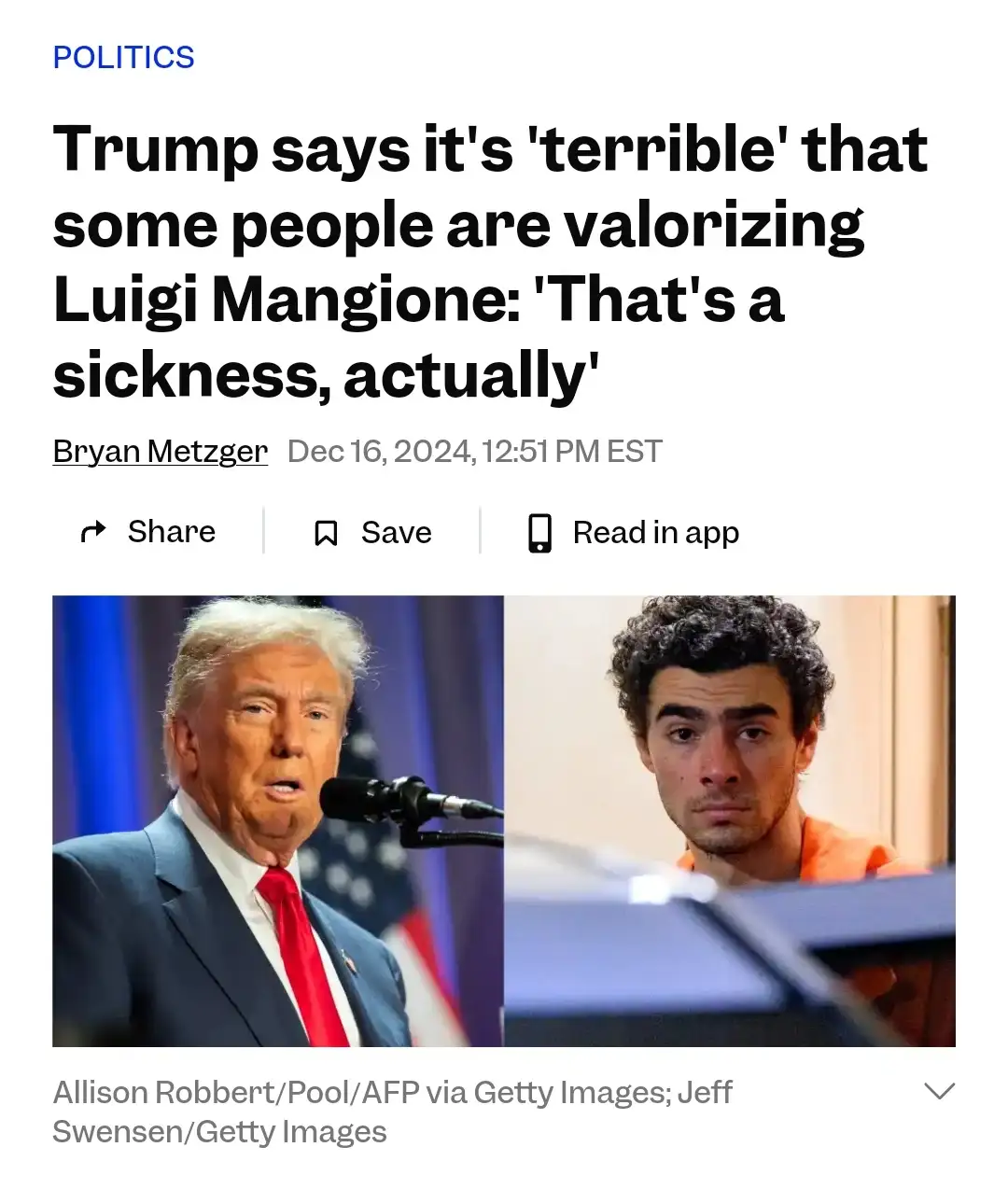 The image shows a split-screen news article with Donald Trump on the left speaking into a microphone and Luigi Mangione on…