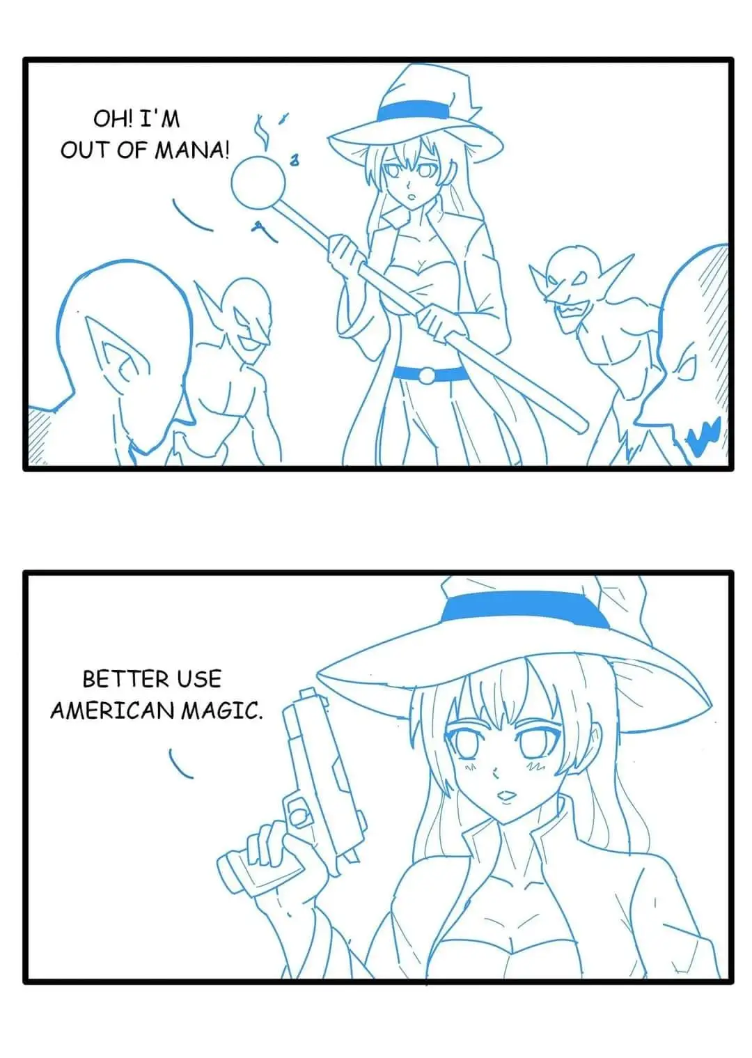A two-panel comic shows a blue-line drawn anime-style female mage in a hat holding a staff, exclaiming she's out of mana…