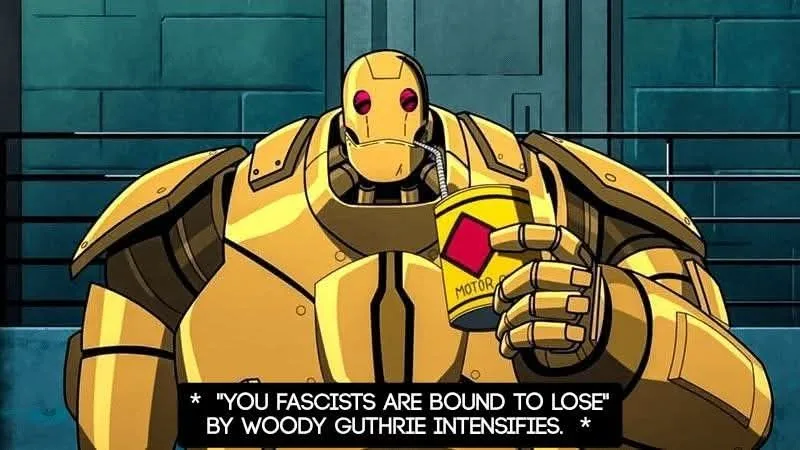 A large, yellow, cartoonish robot with red eyes holds a yellow can labeled 'MOTOR' with a red diamond. The robot stands…