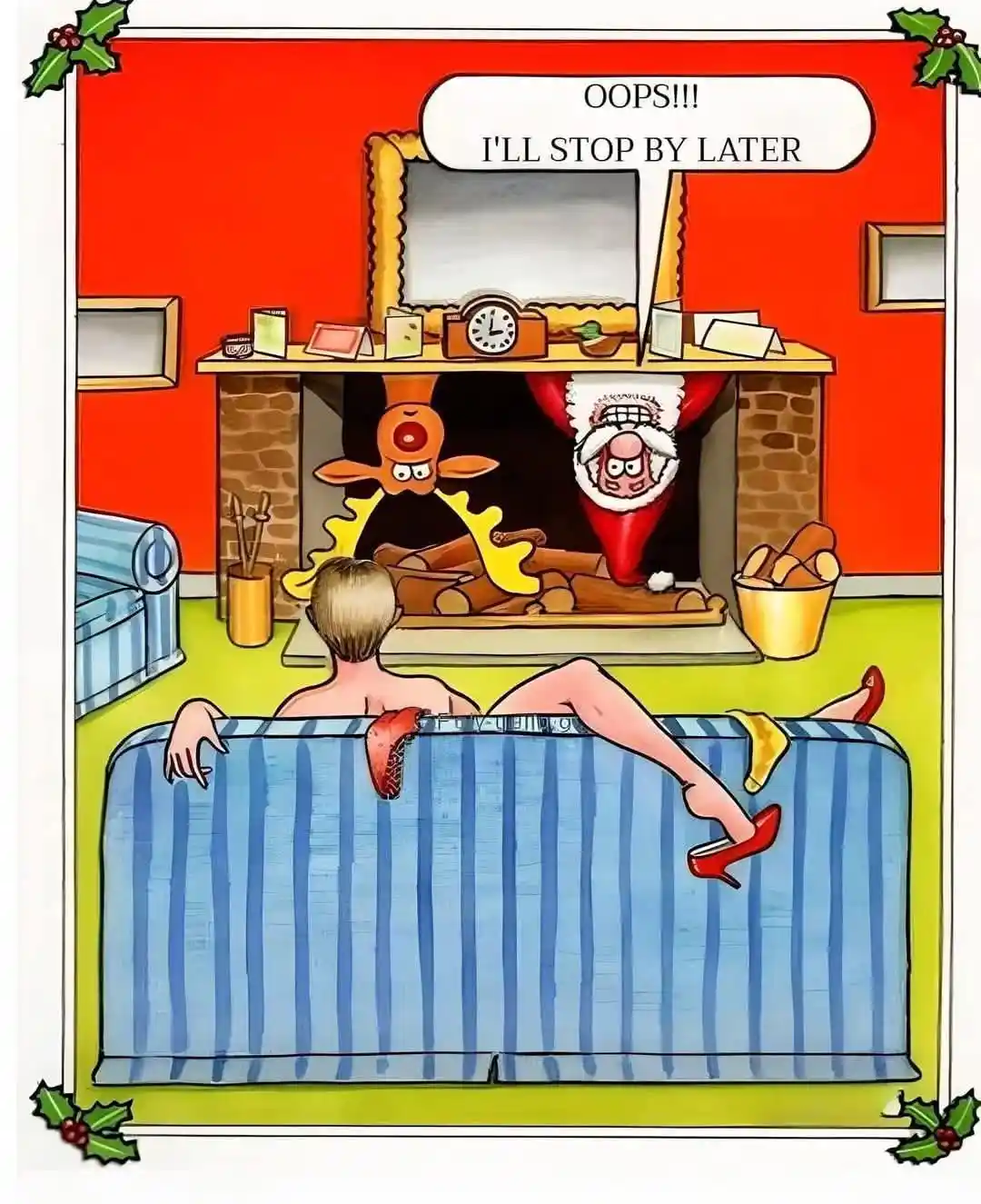A cartoon depicts a person lounging shirtless on a blue striped couch, wearing red high heels, with their back to the…