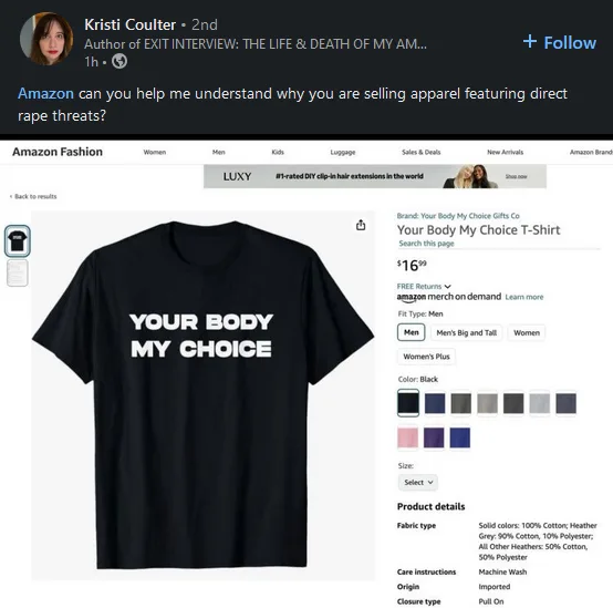 A screenshot of an Amazon product page for a black t-shirt with the phrase 'YOUR BODY MY CHOICE' printed in large white…