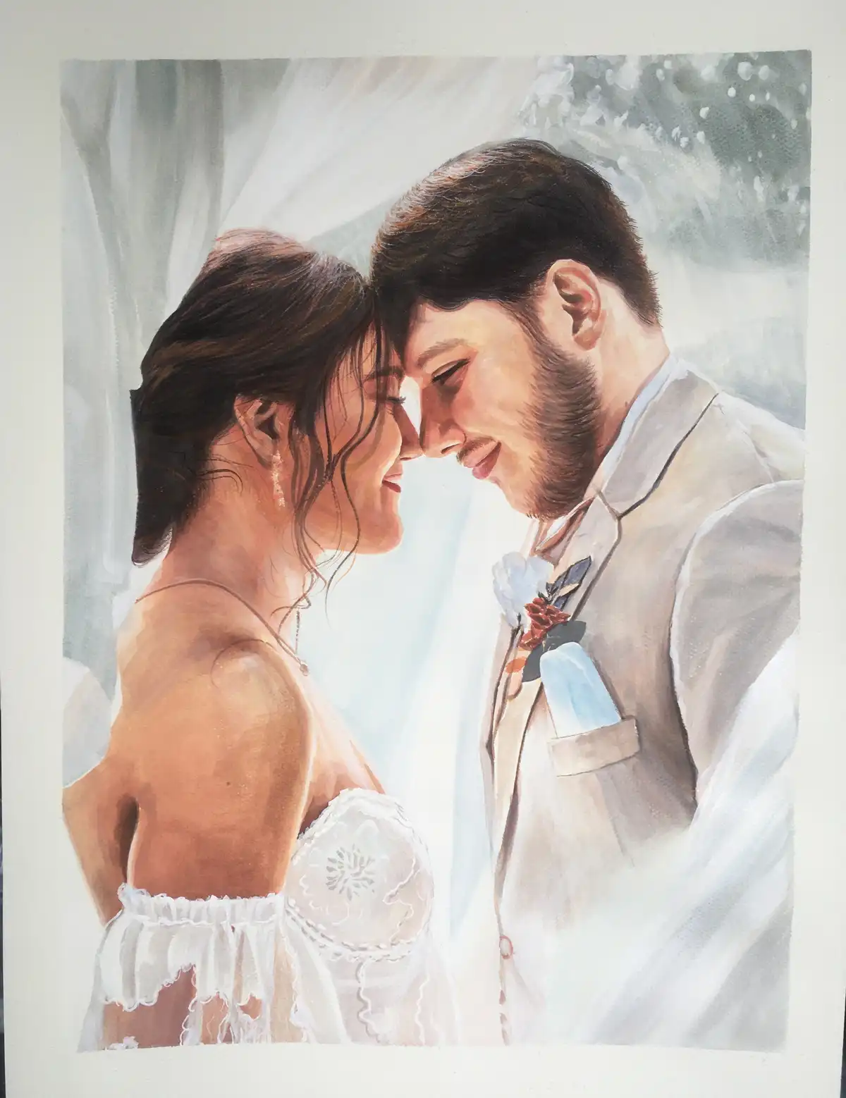 A watercolor painting depicts a bride and groom in wedding attire, foreheads touching in an intimate moment. The bride wears…