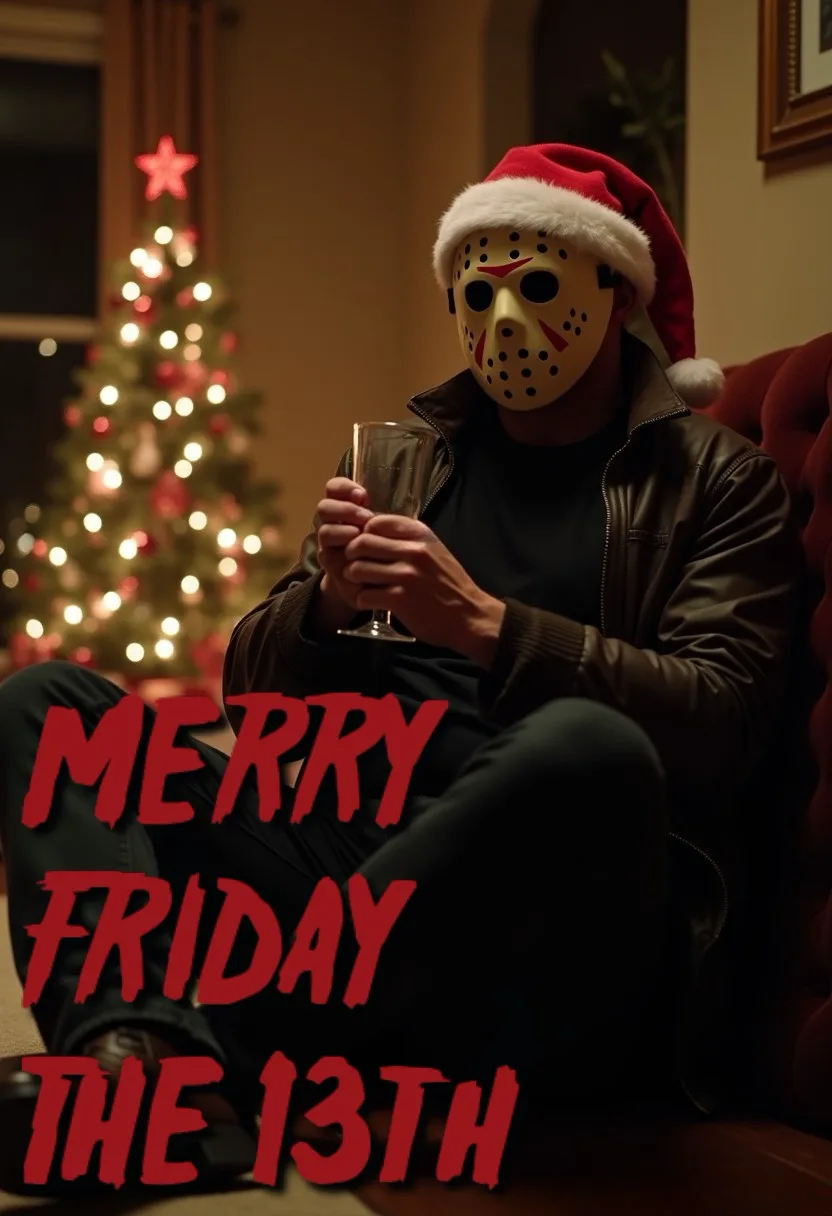 A person wearing a Jason Voorhees hockey mask and a red Santa hat sits on a couch holding a wine glass, with a lit Christmas…