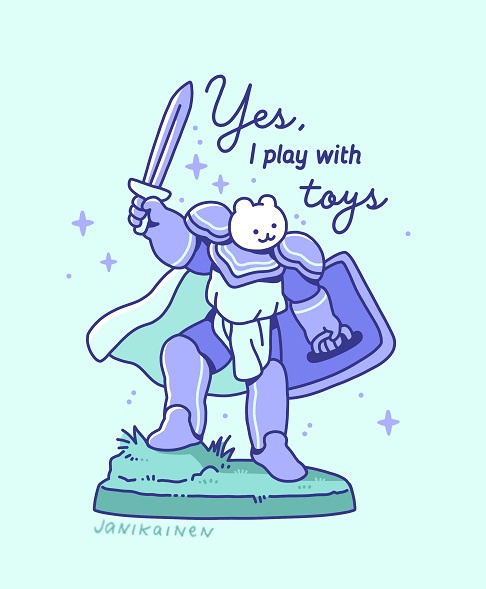 A cartoon illustration of a small, cute, white bunny-like creature wearing full purple and light blue knight armor…