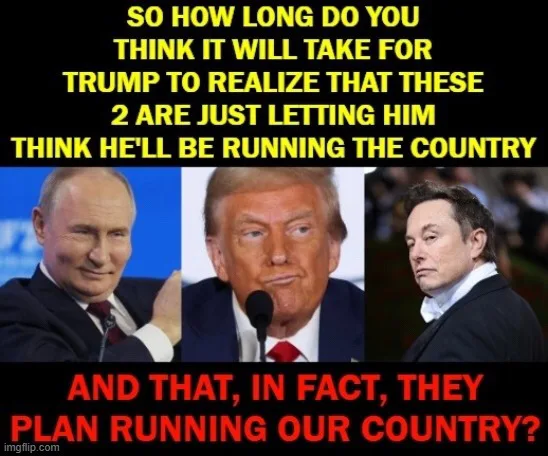 The image displays three men side-by-side: Vladimir Putin on the left, Donald Trump in the center, and Elon Musk on the…