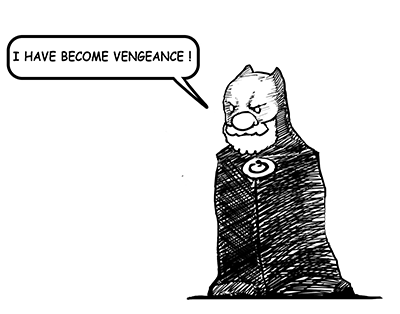 A black-and-white cartoon drawing shows a stern-looking, bearded man in a dark robe with a circular emblem on his chest…