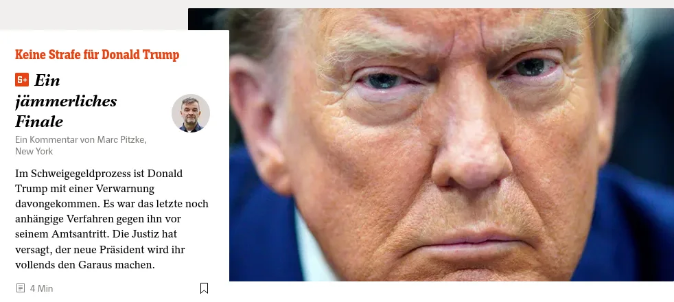A close-up photo of Donald Trump with a stern expression is juxtaposed with a German news article snippet titled 'Keine…